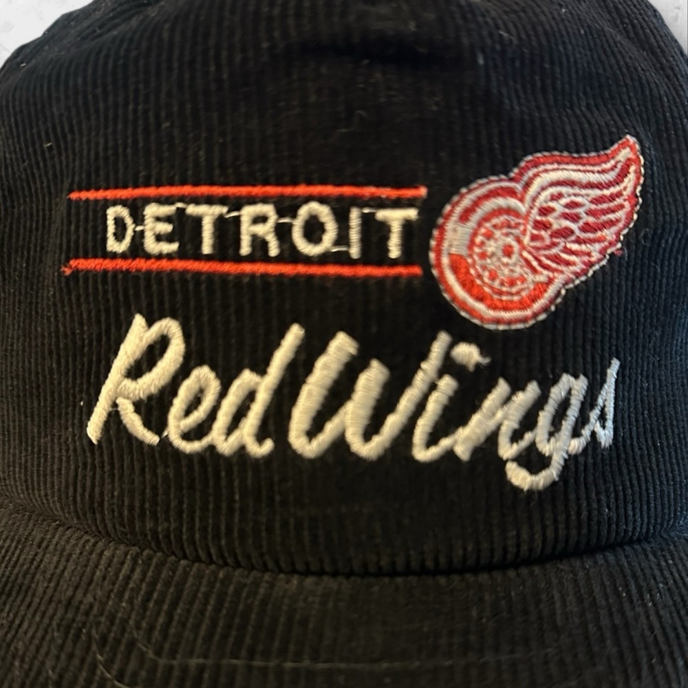 Vintage‎ NHL Detroit Red Wings Corduroy Snapback Cap Hat 80s Annco Black Rare - Picture 2 of 4